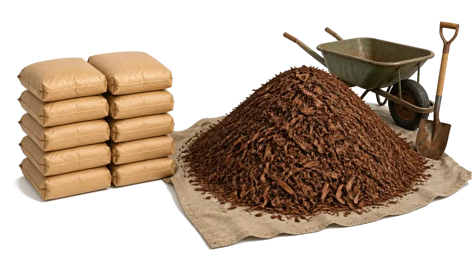 A stack of mulch bags beside a larger bulk mulch pile on a tarp.