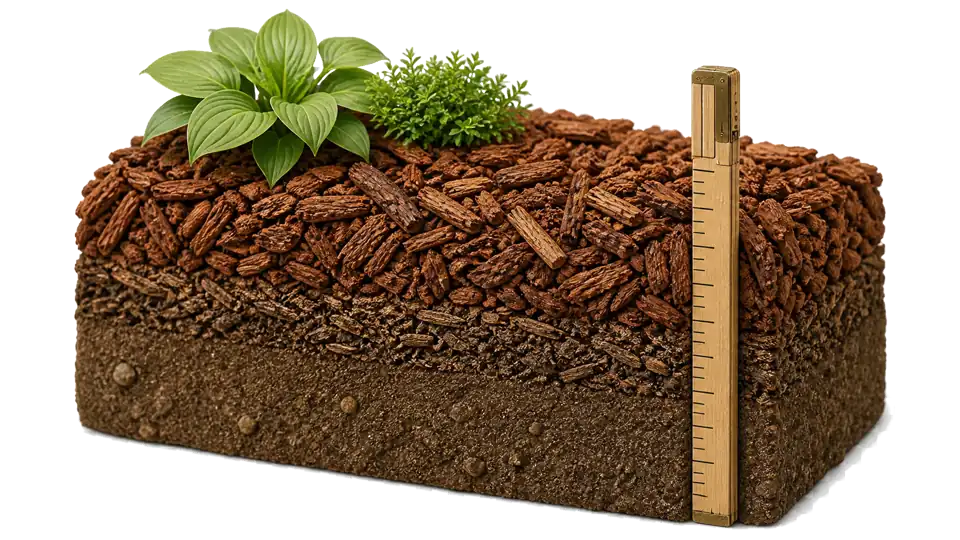 Cross-section of a mulch bed showing a measured new layer over old mulch and bare soil.