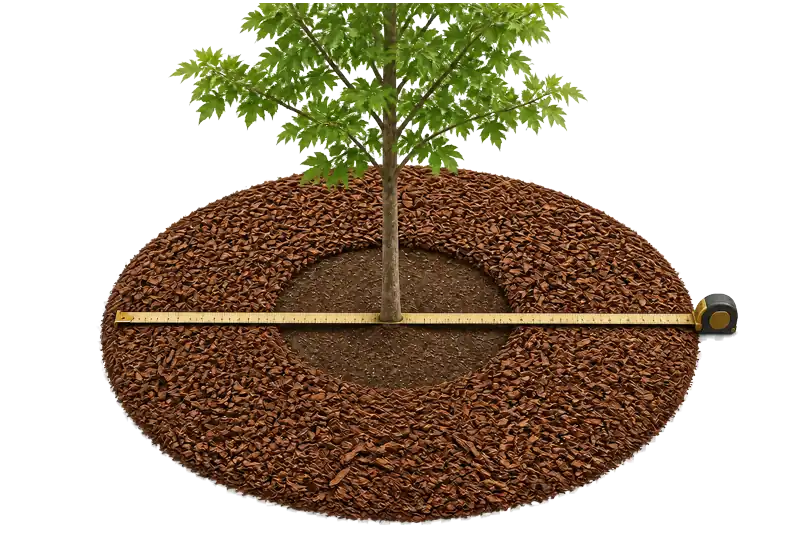 A mulch ring around a tree, pulled back from the trunk, with a tape measure across it.