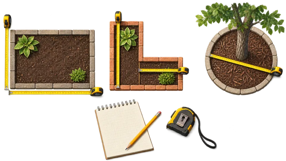A rectangle, an L-shaped garden bed, and a circular tree ring shown with tape measures.